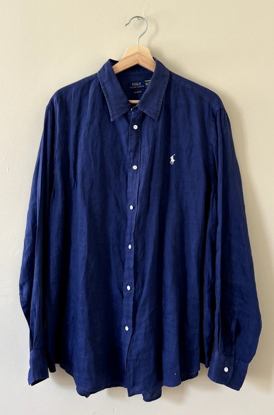 Dark Blue Polo Ralph Lauren 100% Linen Button-up Shirt Men's XXL 2XL